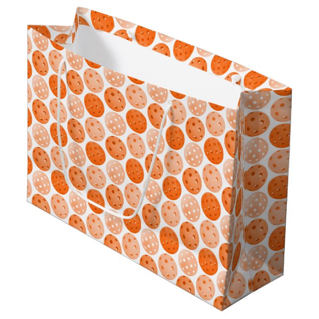 Pickleball Ball, Orange Pickleball Balls on White Large Gift Bag (Front Angled)