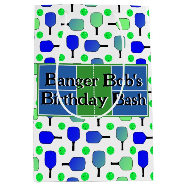 Pickleball Birthday Blue Green Paddle Ball Banging Medium Gift Bag (Front)