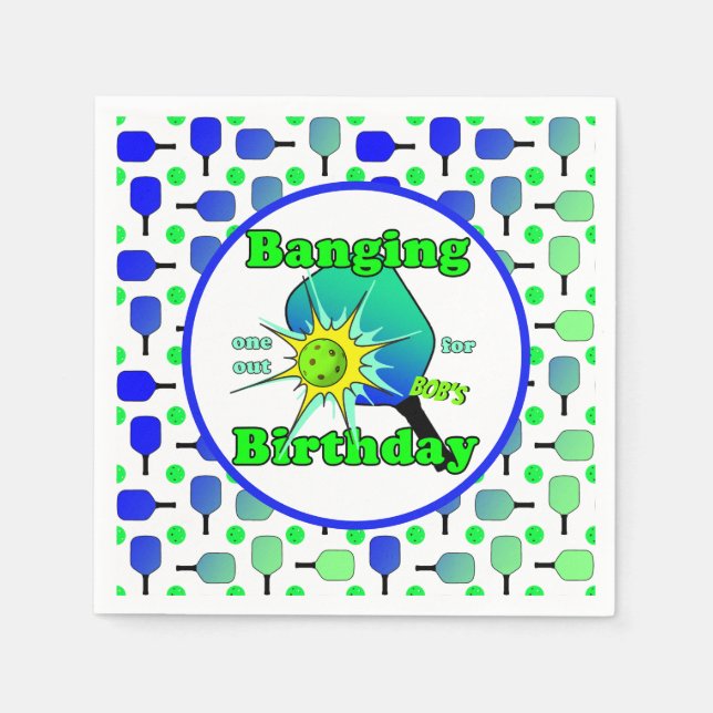 Pickleball Birthday Blue Green Paddle Ball Banging Napkin (Front)