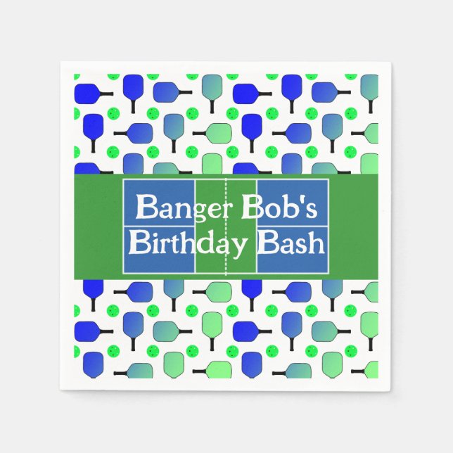 Pickleball Birthday Blue Green Paddle Ball Banging Napkin (Front)