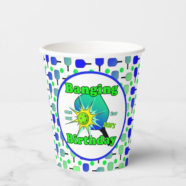 Pickleball Birthday Blue Green Paddle Ball Banging Paper Cups (Front)