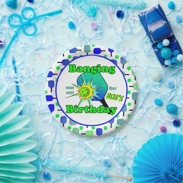 Pickleball Birthday Blue Green Paddle Ball Banging Paper Plate (Party)