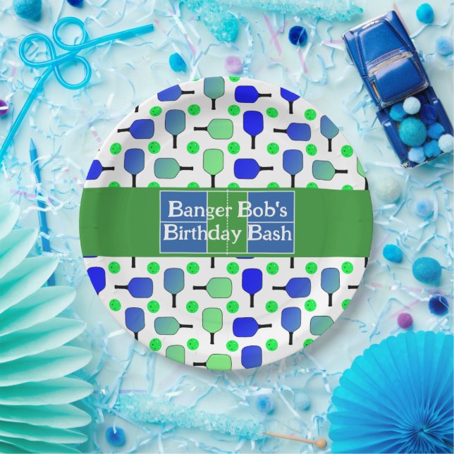 Pickleball Birthday Blue Green Paddle Ball Banging Paper Plate (Party)