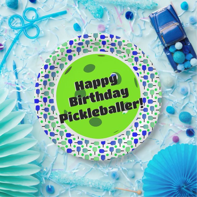 Pickleball Birthday Blue Green Personalised Happy Paper Plate (Party)