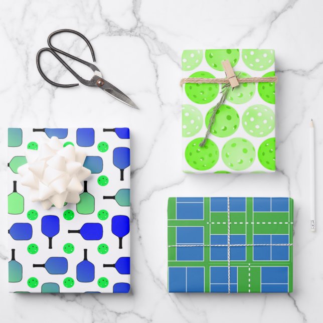 Pickleball Birthday Party Blue and Green Gift Wrapping Paper Sheet (Front)