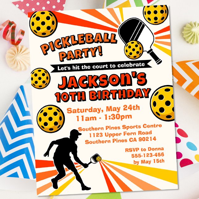 Pickleball Birthday Party Retro Vintage Players Postcard (Pickleball Postcard Invitation - Orange/Yellow)