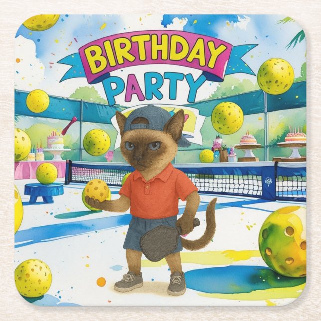 Pickleball birthday party  square paper coaster (Front)