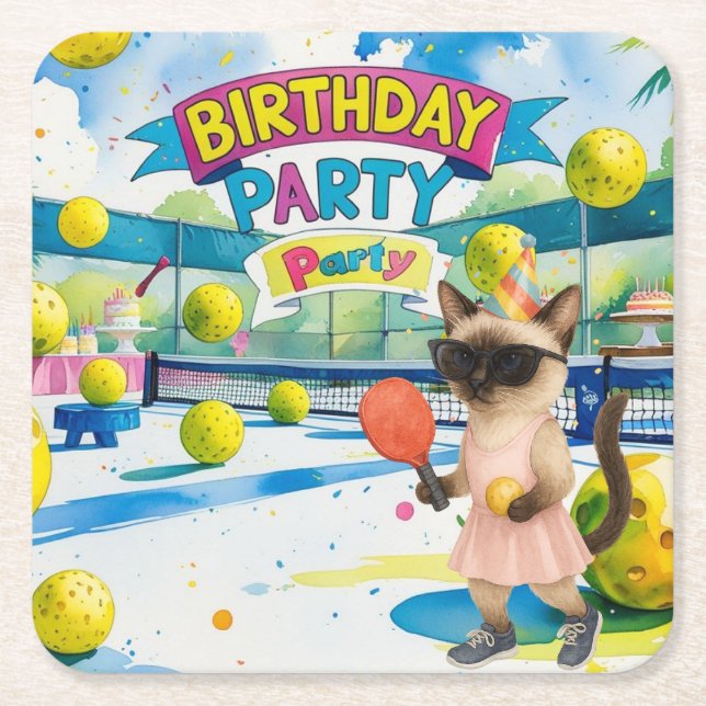 Pickleball birthday party  square paper coaster (Front)