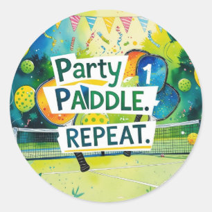 Pickleball Birthday themed"Party. Paddle. Repeat." Classic Round Sticker
