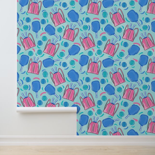 Pickleball Blue Paddles Blue Teal Balls Preppy Wallpaper (Application)