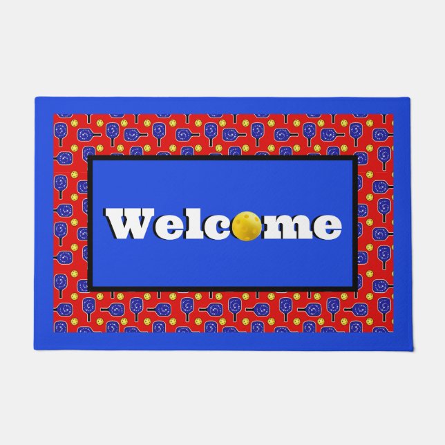 Pickleball Blue Paddles Yellow Balls 4th of July Doormat (Front)