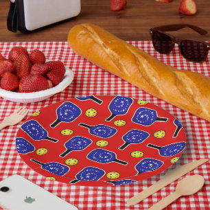 Pickleball Blue Paddles Yellow Balls 4th of July Paper Plate