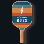 Pickleball Boss Lightning Bolt Retro Stripes Name  Paddle<br><div class="desc">This simple,  trendy pickleball paddle features a lightning bolt and collegiate typography reading Pickleball Boss over a retro stripes design. The back contains text templates for monogram initials and a name,  making it a perfect,  personalised gift!</div>