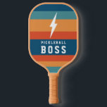 Pickleball Boss Lightning Bolt Retro Stripes Name  Pickleball Paddle<br><div class="desc">This simple,  trendy pickleball paddle features a lightning bolt and collegiate typography reading Pickleball Boss over a retro stripes design. The back contains text templates for monogram initials and a name,  making it a perfect,  personalised gift!</div>