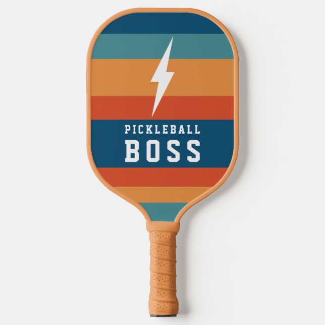 Pickleball Boss Lightning Bolt Retro Stripes Name  Pickleball Paddle (Front)