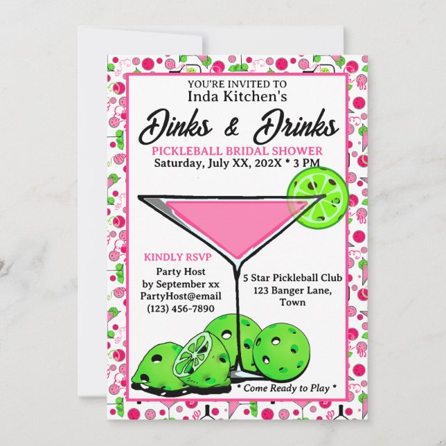 Pickleball Bridal Shower Dinks & Drinks Photo Invitation (Front)