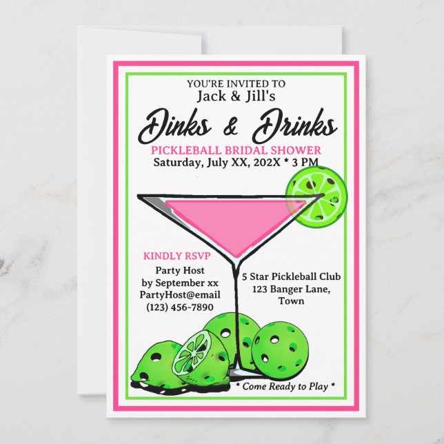 Pickleball Bridal Shower Dinks & Drinks Pink Cosmo Invitation (Front)