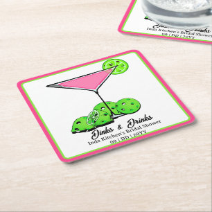 Pickleball Bridal Shower Dinks & Drinks Pink Cosmo Square Paper Coaster