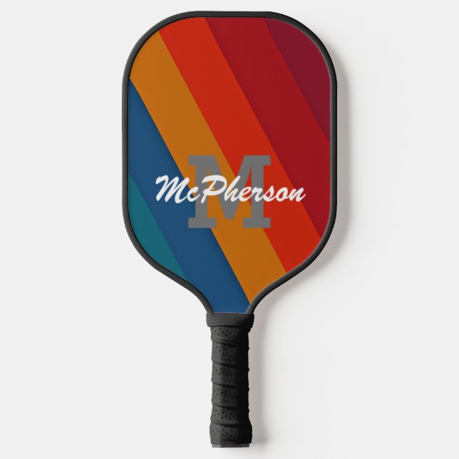 Pickleball Bright Colour Stripes Monogram and Name Pickleball Paddle (Front)