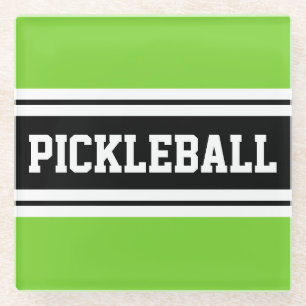 PICKLEBALL Bright Lime Black White Racing Stripes  Glass Coaster