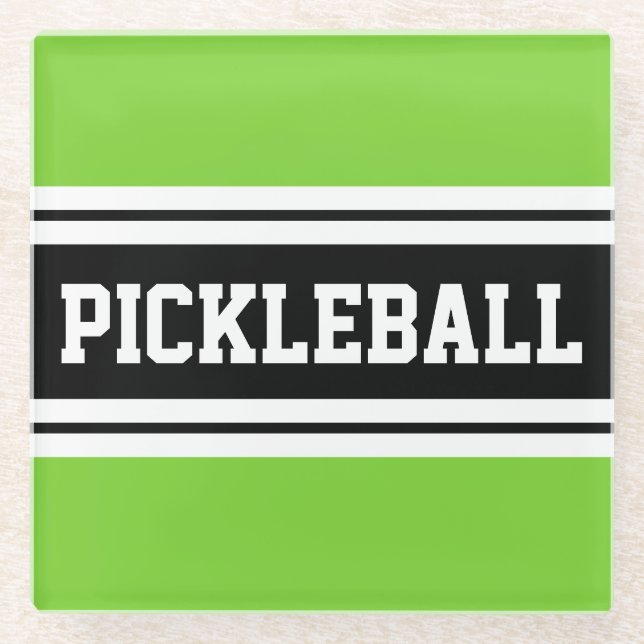 PICKLEBALL Bright Lime Black White Racing Stripes  Glass Coaster (Front)