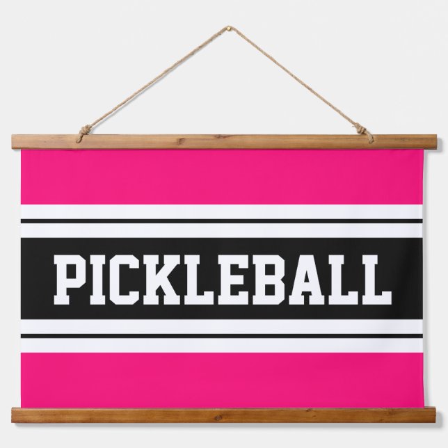 PICKLEBALL Bright Pink Black White Racing Stripes  Hanging Tapestry (Front)