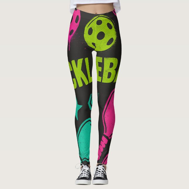 Pickleball Bright PINK BLUE GREEN PADDLE Art Leggings (Front)