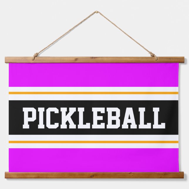 PICKLEBALL Bright Pink Yellow Black Racing Stripes Hanging Tapestry (Front)