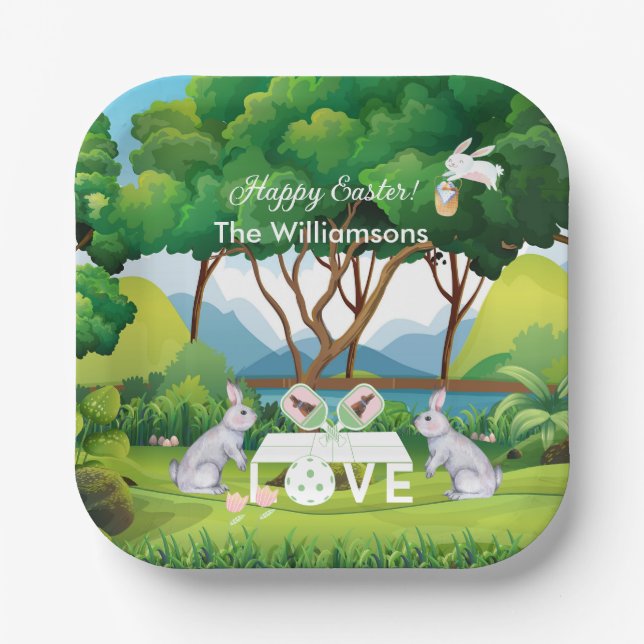 Pickleball Bunnies Fun Happy Easter Name Paper Plate (Front)