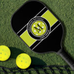 Pickleball Carpe Dinkum Quote Name Initial Black Paddle<br><div class="desc">Classic design features two lines of customisable text for "Carpe Dinkum" or custom saying of choice and name or custom text in a timeless modern font arched over & under an image of a pickleball in green. The background pattern is coordinating black, green & white. Add one or two intials...</div>
