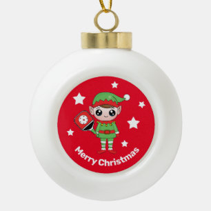 Pickleball Christmas Elf, Ceramic Ball Christmas Ornament
