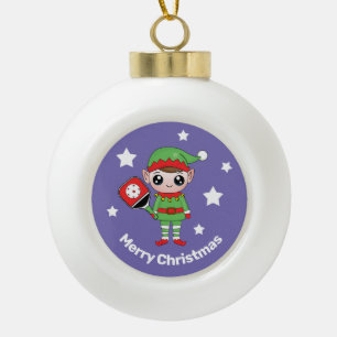 Pickleball Christmas Elf,   Ceramic Ball Christmas Ornament