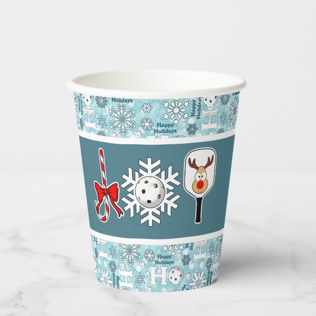 Pickleball Christmas Joy Blue and White Snowballs Paper Cups (Front)