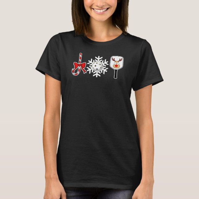 Pickleball Christmas Joy Candy Cane Snowball Deer T-Shirt (Front)