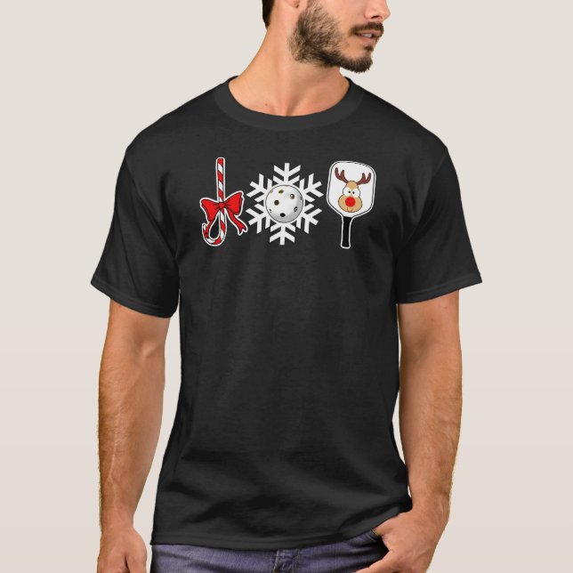 Pickleball Christmas Joy Candy Cane Snowball Deer T-Shirt (Front)