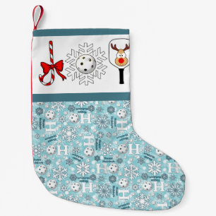 Pickleball Christmas Joy Reindeer Blue and White Small Christmas Stocking