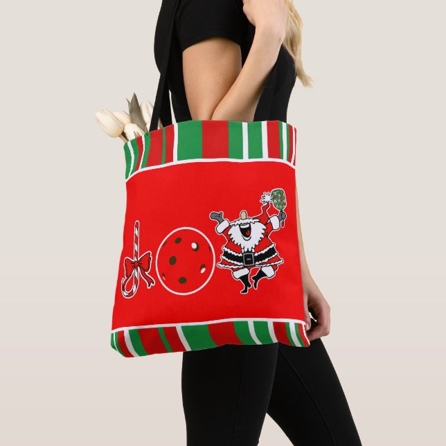 Pickleball Christmas Joy Santa Red and Green Tote Bag (Close Up)