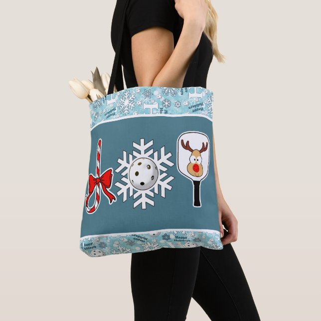 Pickleball Christmas Joy Snowflake Blue and White Tote Bag (Close Up)