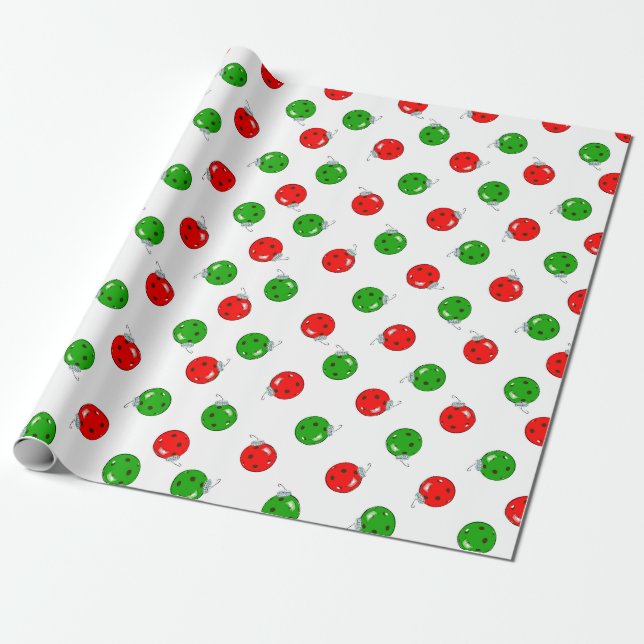 Pickleball Christmas Ornaments Red Green on White Wrapping Paper (Unrolled)