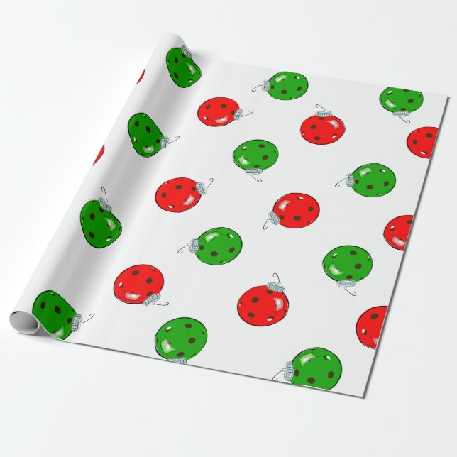 Pickleball Christmas Ornaments Red Green on White Wrapping Paper (Unrolled)