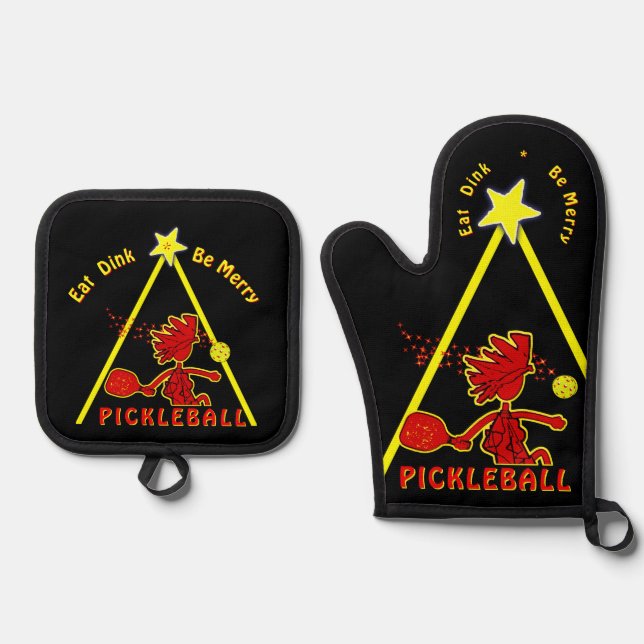 Pickleball Christmas Oven Mitt and Pot Holders Oven Mitt & Pot Holder Set (Front)