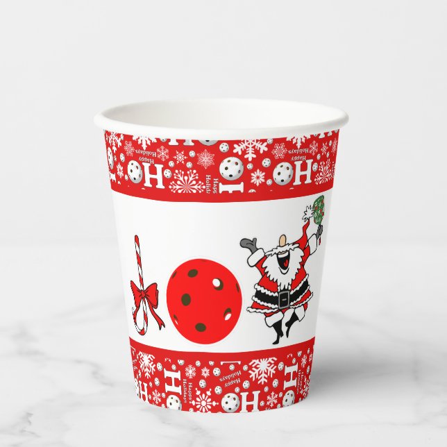 Pickleball Christmas Party Joy Santa Red and White Paper Cups (Front)