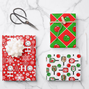 Pickleball Christmas Red Green Ornaments Snowballs Wrapping Paper Sheet