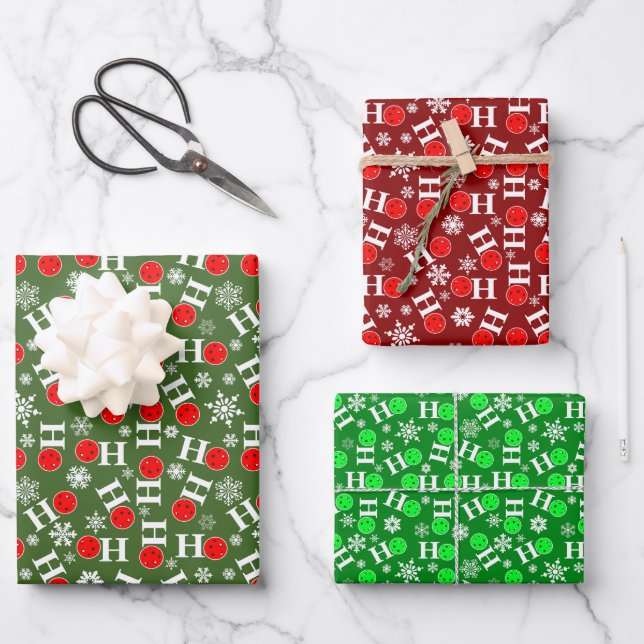 Pickleball Christmas Red Green Snowflake Ho Ho Ho  Wrapping Paper Sheet (Front)
