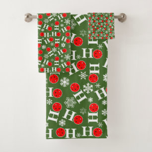 Pickleball Christmas Red Green Snowflakes Ho Ho Ho Bath Towel Set