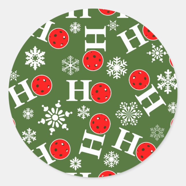 Pickleball Christmas Red Green Snowflakes Ho Ho Ho Classic Round Sticker (Front)