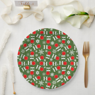 Pickleball Christmas Red Green Snowflakes Ho Ho Ho Paper Plate