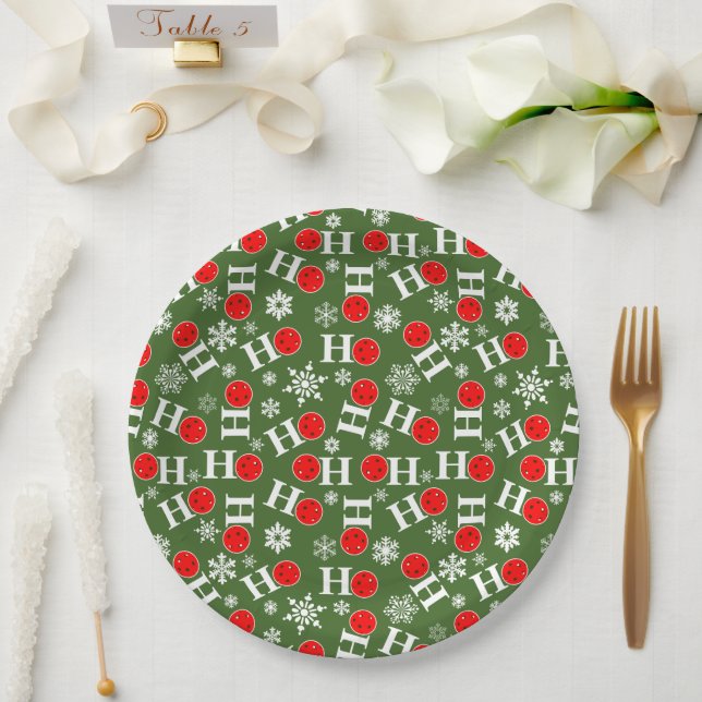 Pickleball Christmas Red Green Snowflakes Ho Ho Ho Paper Plate (Wedding)