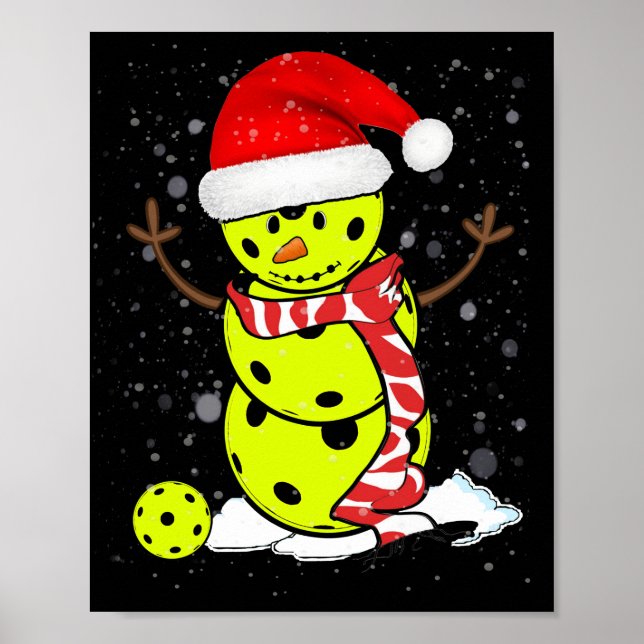 Pickleball Christmas Snowman With Santa's Hat Poster (Front)