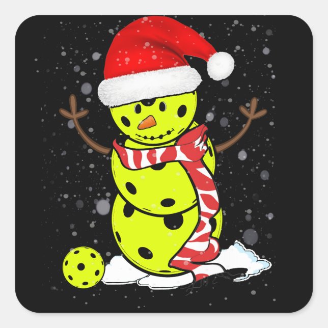 Pickleball Christmas Snowman With Santa's Hat Square Sticker (Front)